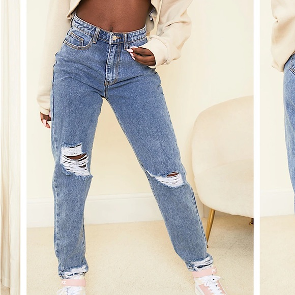PrettyLittleThing Denim - PLT | Vintage wash blue high waisted ripped jeans